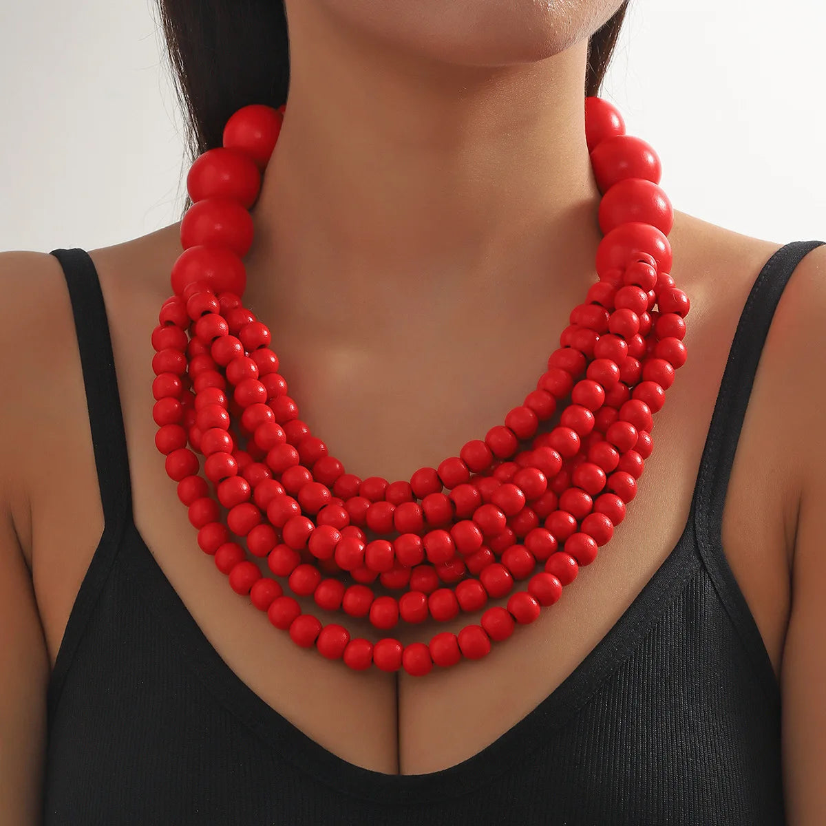 African Style Bohemian Multi-layer Wooden Bead Handmade Beaded Bib Necklace For Women