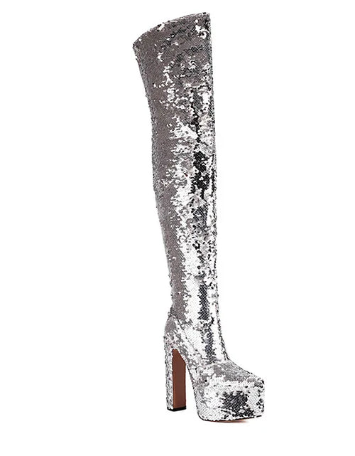 Load image into Gallery viewer, Showstopper: Sequin Over-the-Knee Platform Boots with High Heels
