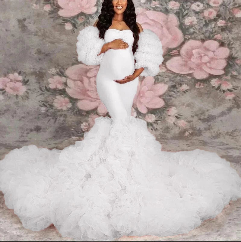 Chic Mermaid Maternity Robe – Off-Shoulder Sweetheart Photo Shoot Gown