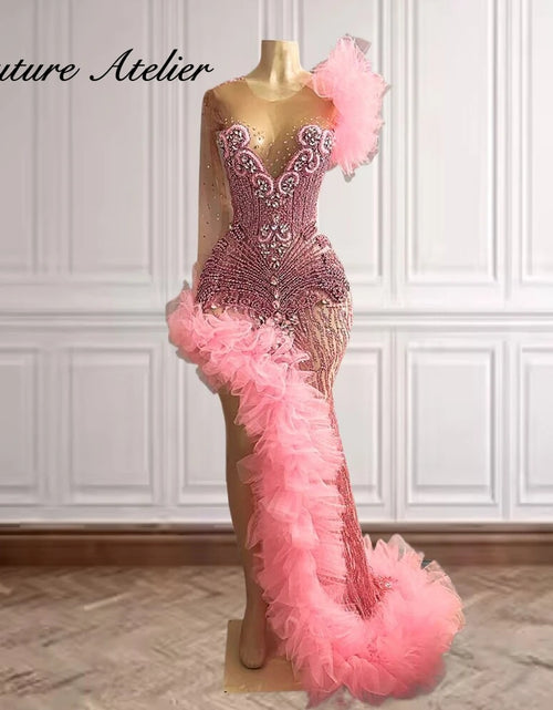 Load image into Gallery viewer, Elegant Allure: Pink Ruched Slit Dress with Rhinestone Mesh Sleeves
