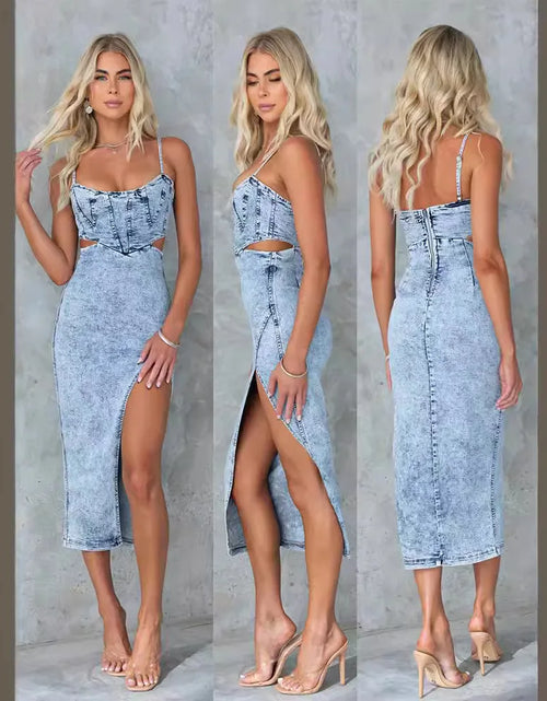 Load image into Gallery viewer, Sexy Retro Hollow-Out Denim Halter Dress – Sleeveless U-Neck Split Design
