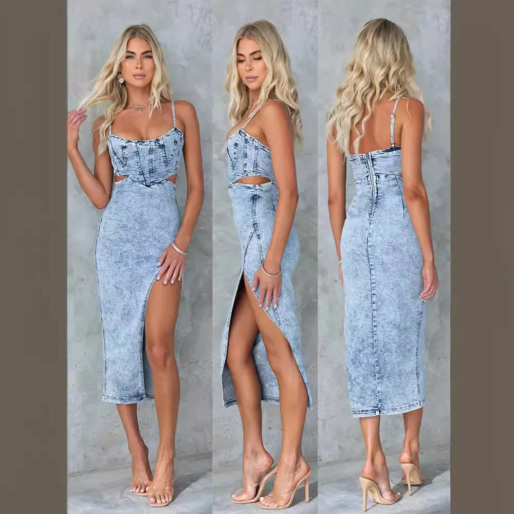 Sexy Retro Hollow-Out Denim Halter Dress – Sleeveless U-Neck Split Design