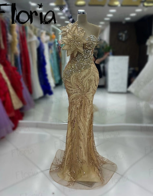 Load image into Gallery viewer, Golden Yellow One-Shoulder Mermaid Gown – 5D Leaf Design for Dubai Weddings &amp; Events
