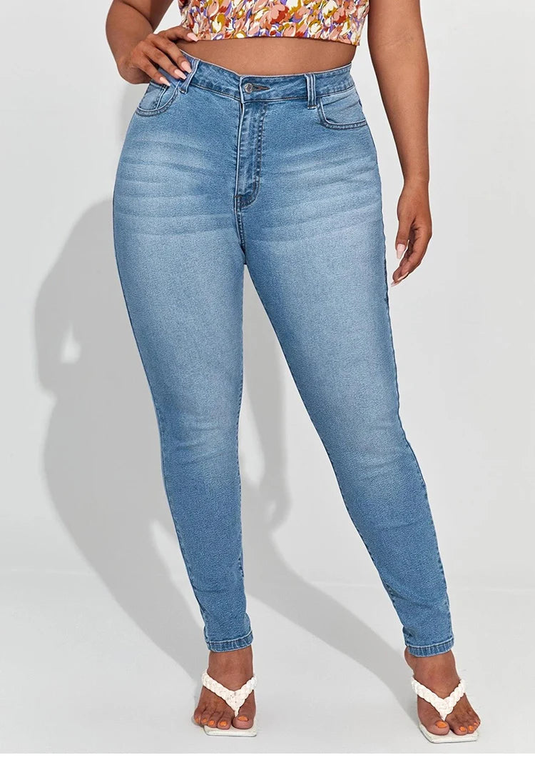 Plus-Size High-Waist Stretch Mom Jeans – Skinny Washed Denim for Women with 100kg+ Fit