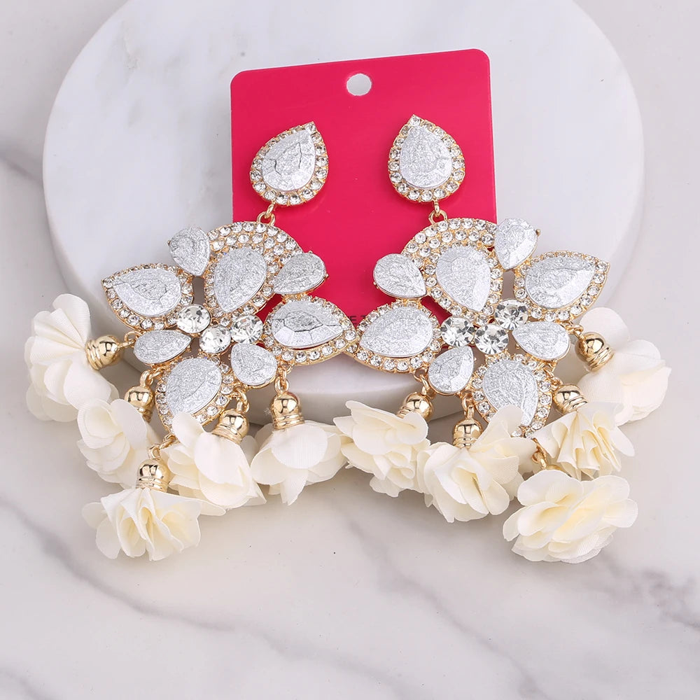 Boho Flower Tassel Earrings – Crystal Rhinestone Statement Jewelry for Women