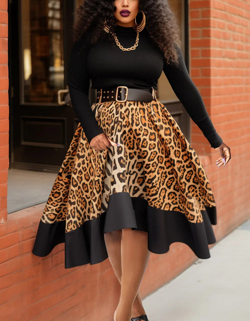 Load image into Gallery viewer, Plus Size Black Leopard Knitted Midi Dress – Elegant Fall &amp; Winter Party Look
