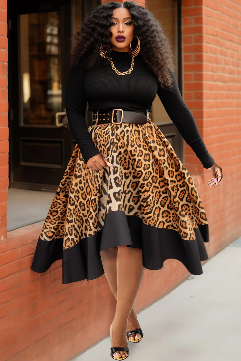 Plus Size Black Leopard Knitted Midi Dress – Elegant Fall & Winter Party Look