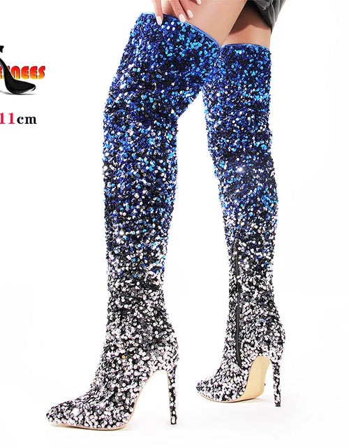 Load image into Gallery viewer, Shimmer &amp; Stride: Gradient Sequin Over-the-Knee Boots with 11CM Heels
