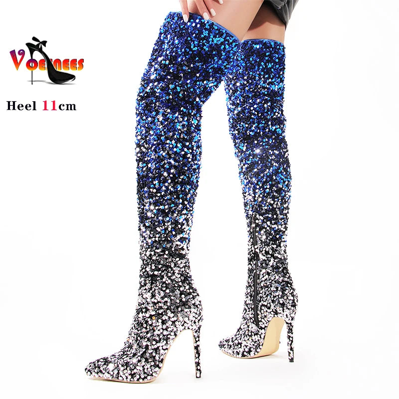 Shimmer & Stride: Gradient Sequin Over-the-Knee Boots with 11CM Heels