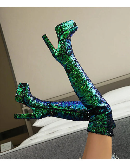 Load image into Gallery viewer, Showstopper: Sequin Over-the-Knee Platform Boots with High Heels
