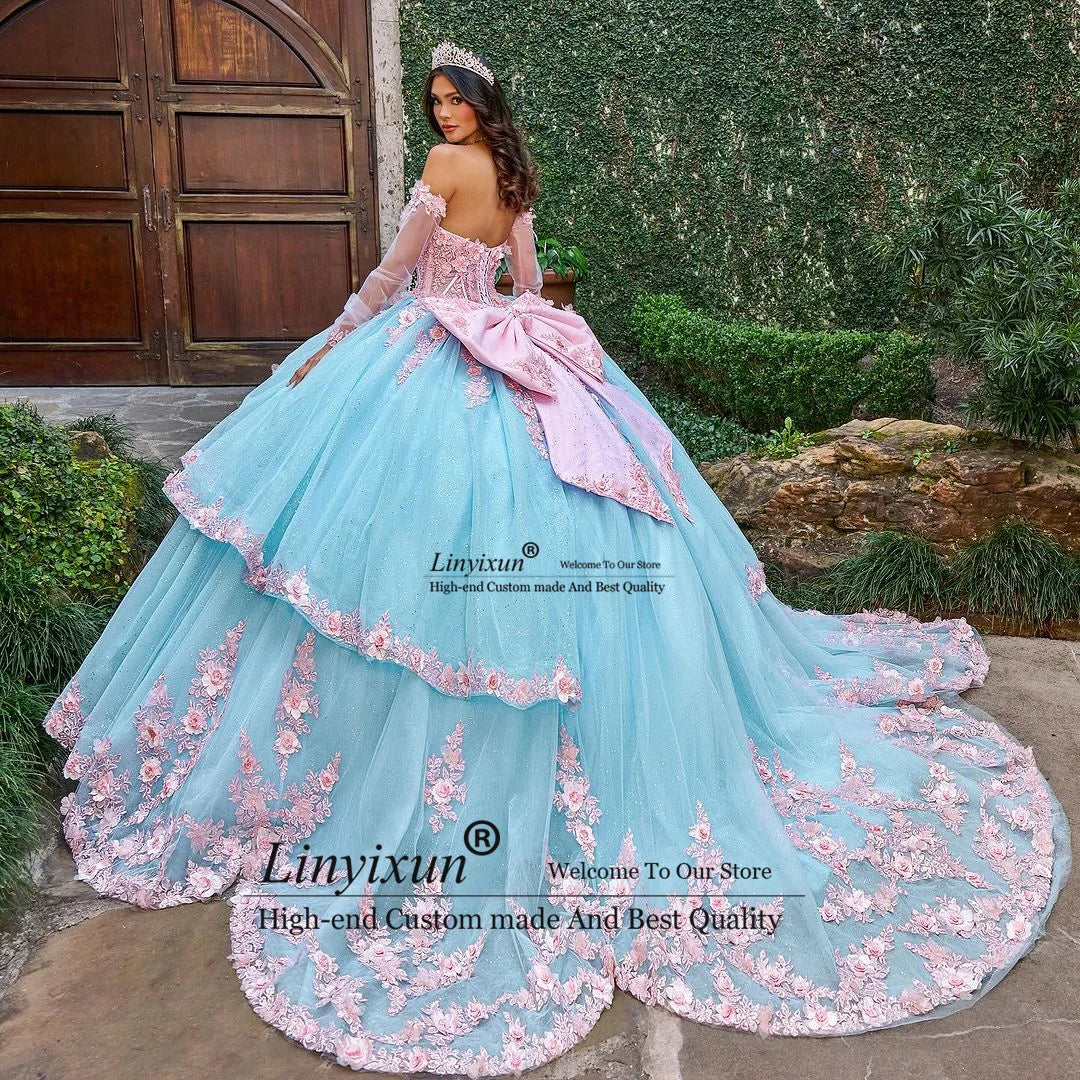 Enchanted Dreams: Luxury Blue Butterfly Princess Quinceañera Ball Gown