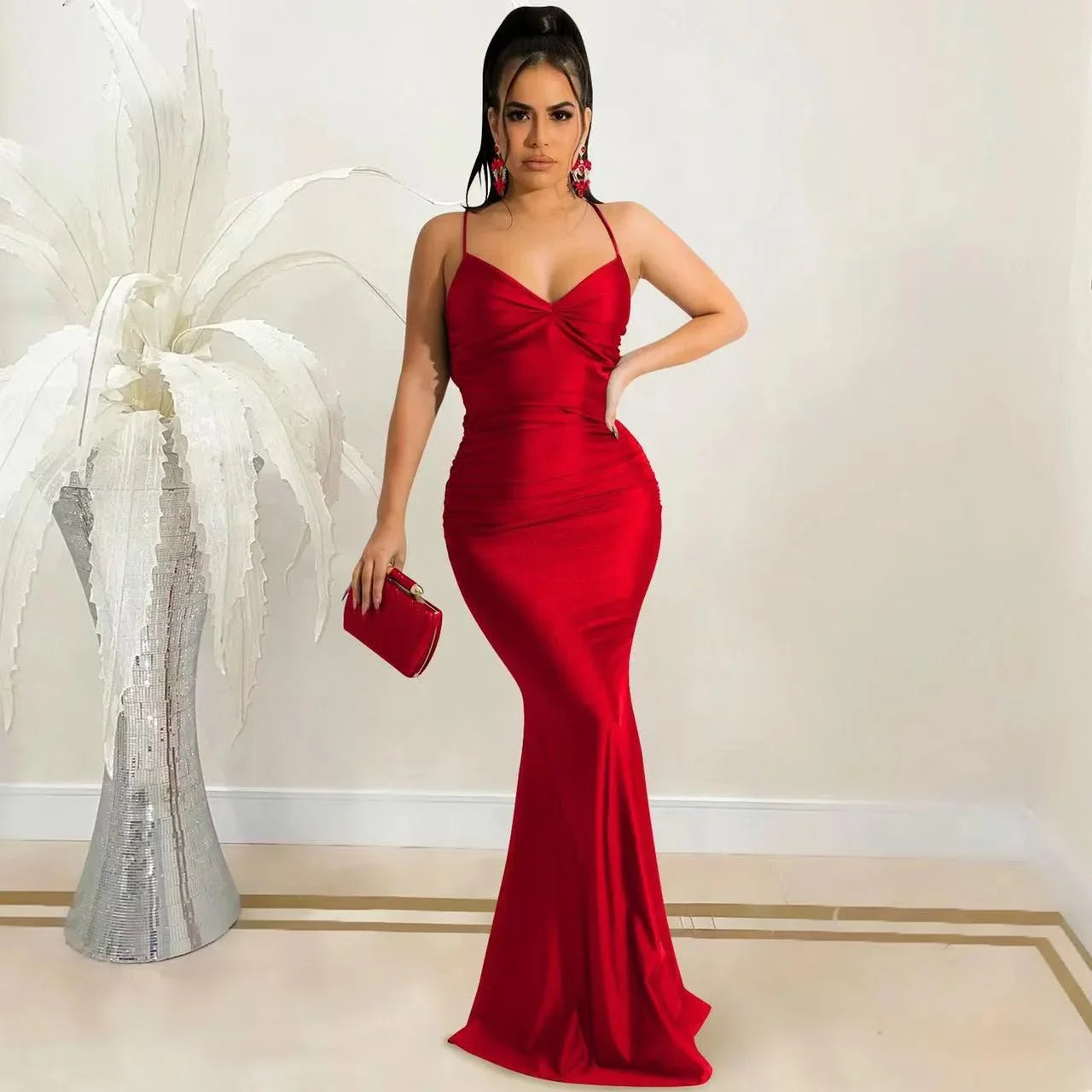 Sexy Lace-Up Backless Satin Maxi Dress – Solid Bodycon Evening Party Dress for Women