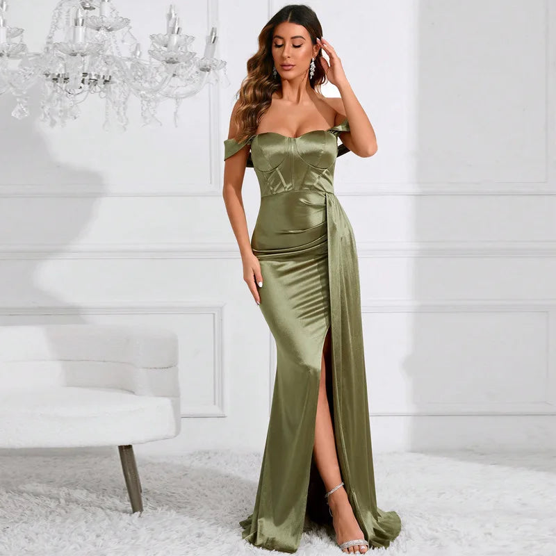 Luxury Off-Shoulder Satin Mermaid Evening Dress with Side Slit & Backless Detail