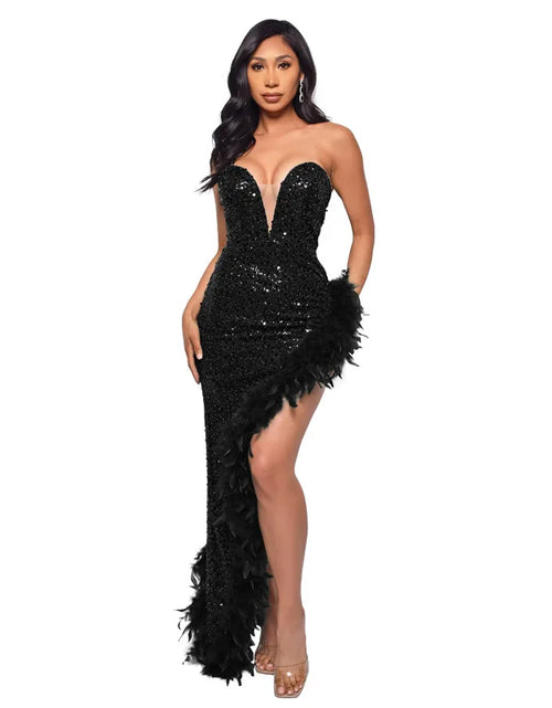 Load image into Gallery viewer, Strapless Sequin Feather Bodycon Dress – Elegant Cocktail &amp; Formal Party Wear for Women
