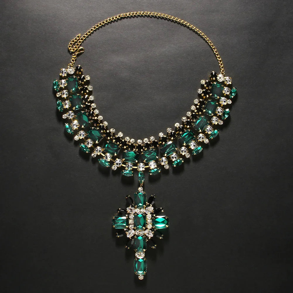 Green Cross Pendant Choker Necklace – Rhinestone Bridal Collar & Statement Party Jewelry