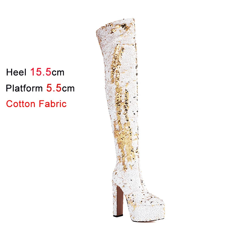 Showstopper: Sequin Over-the-Knee Platform Boots with High Heels