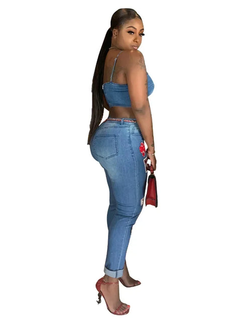 Load image into Gallery viewer, Sexy Denim Two-Piece Set – Women’s Crop Top and Pants Matching Outfit
