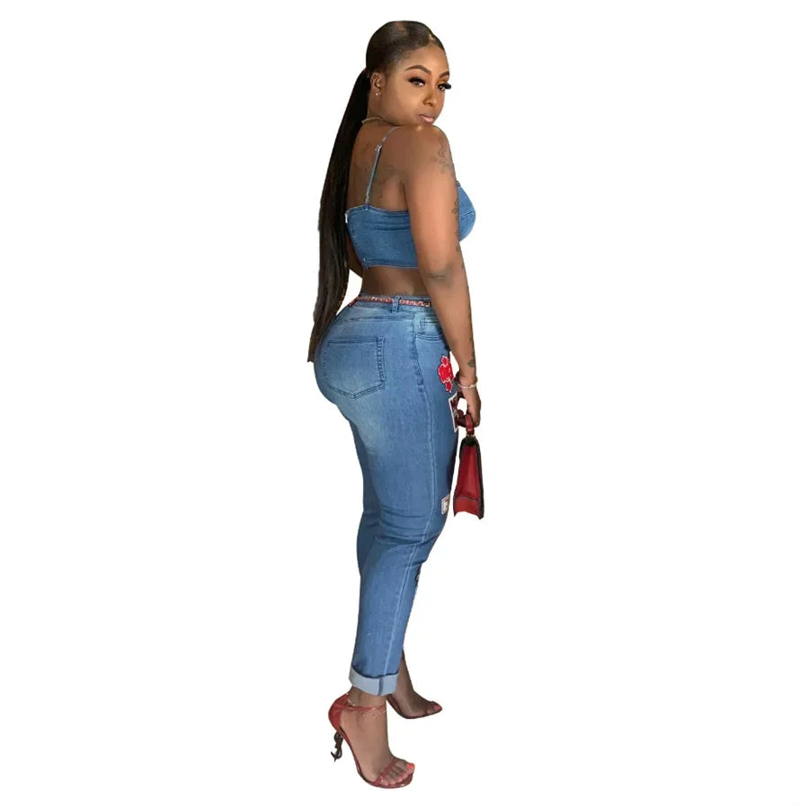 Sexy Denim Two-Piece Set – Women’s Crop Top and Pants Matching Outfit