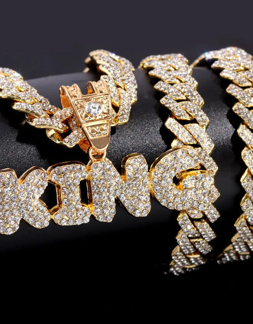 Load image into Gallery viewer, Iced Out Full Rhinestones KING QUEEN Letter Pendant Necklace 14mm Miami Rhombus Cuban Chain Hip Hop Necklaces Jewelry
