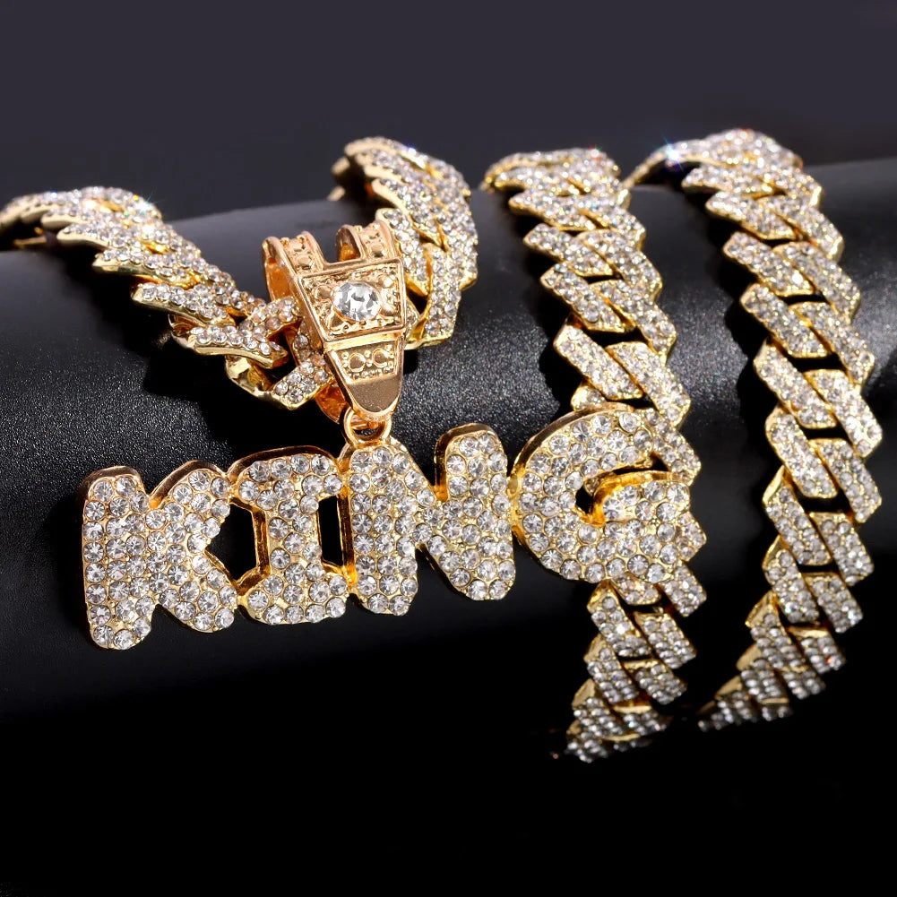 Iced Out Full Rhinestones KING QUEEN Letter Pendant Necklace 14mm Miami Rhombus Cuban Chain Hip Hop Necklaces Jewelry