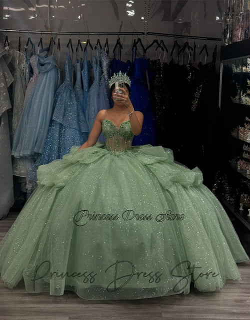 Load image into Gallery viewer, Mint Dream: Elegant Sparkly Quinceañera Ball Gown with 3D Floral Appliques
