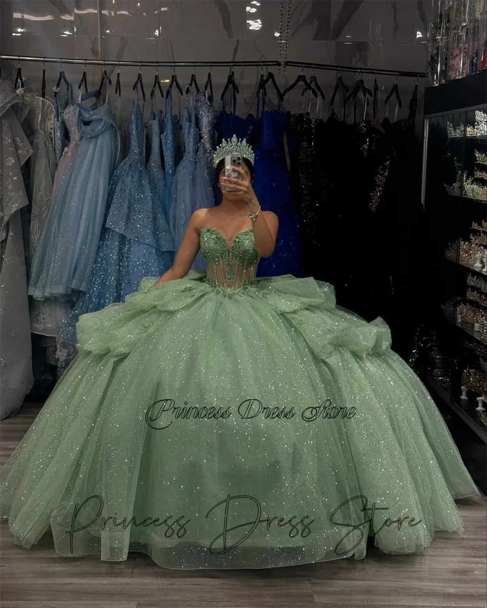 Mint Dream: Elegant Sparkly Quinceañera Ball Gown with 3D Floral Appliques