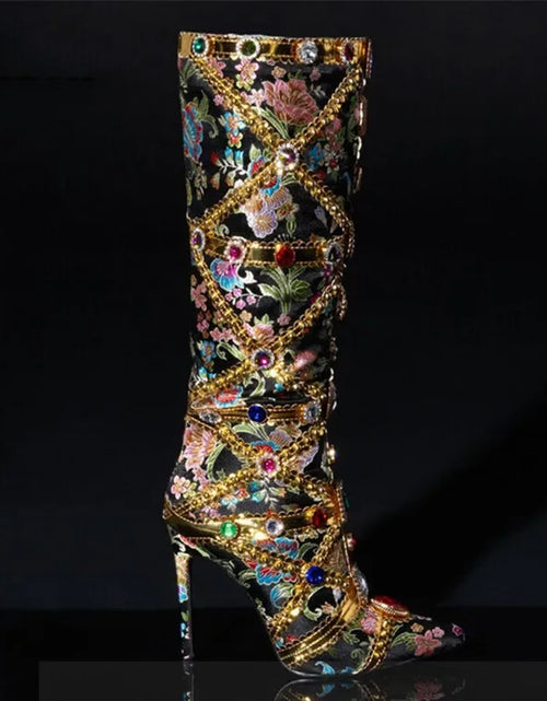 Load image into Gallery viewer, Vibrant Elegance: Colorful Rhinestone Embroidered Mid-Length Ethnic Boots
