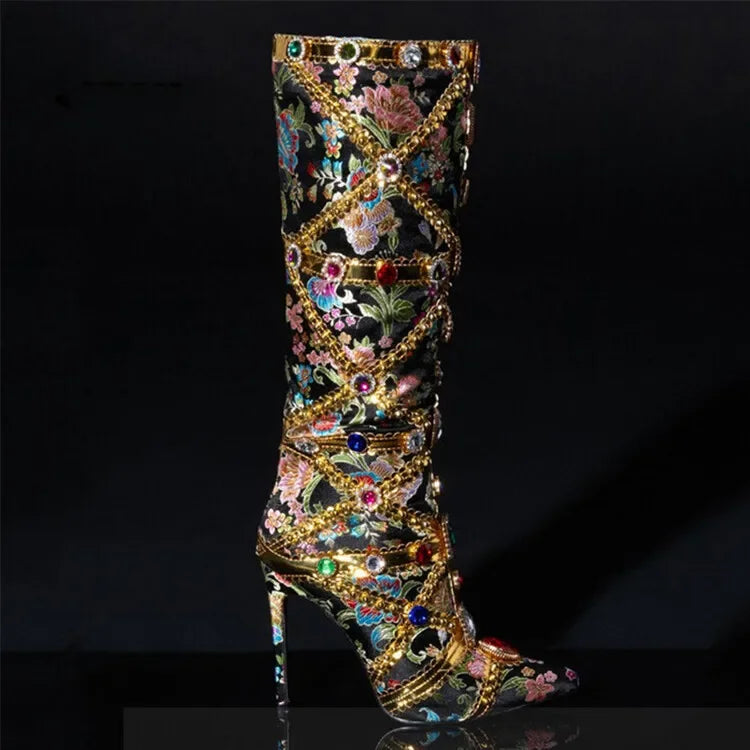 Vibrant Elegance: Colorful Rhinestone Embroidered Mid-Length Ethnic Boots