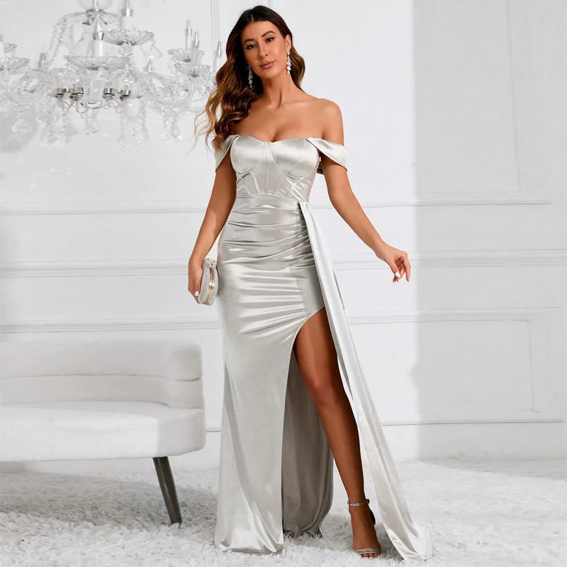 Luxury Off-Shoulder Satin Mermaid Evening Dress with Side Slit & Backless Detail