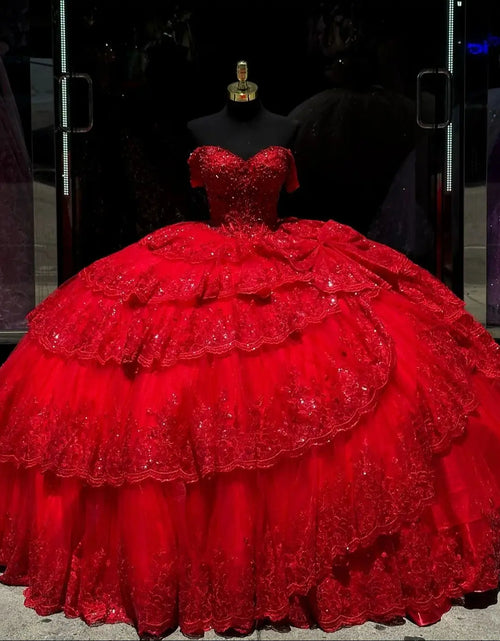 Load image into Gallery viewer, Scarlet Majesty: Sparkly Red Princess Quinceañera Ball Gown with 3D Floral Appliques
