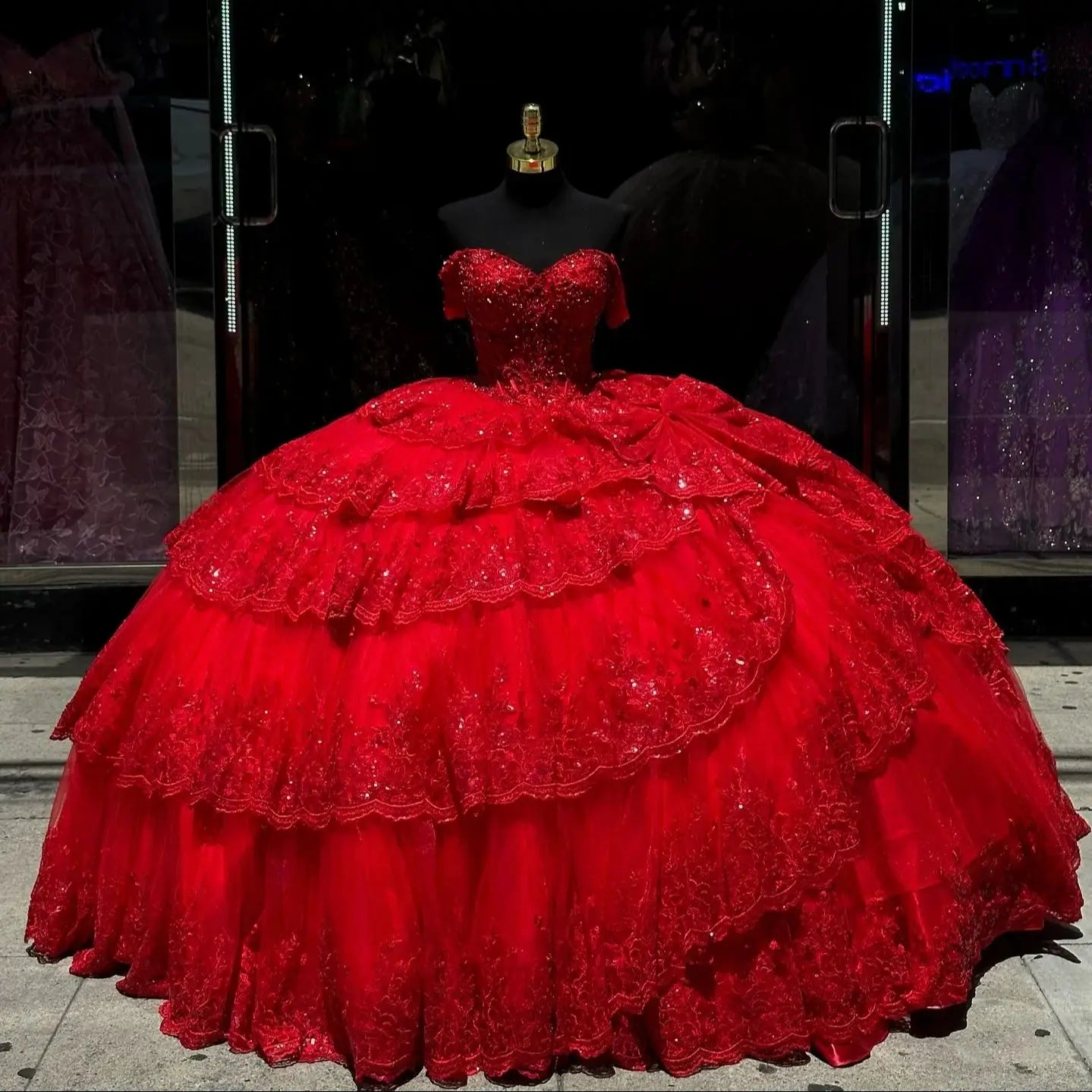 Scarlet Majesty: Sparkly Red Princess Quinceañera Ball Gown with 3D Floral Appliques