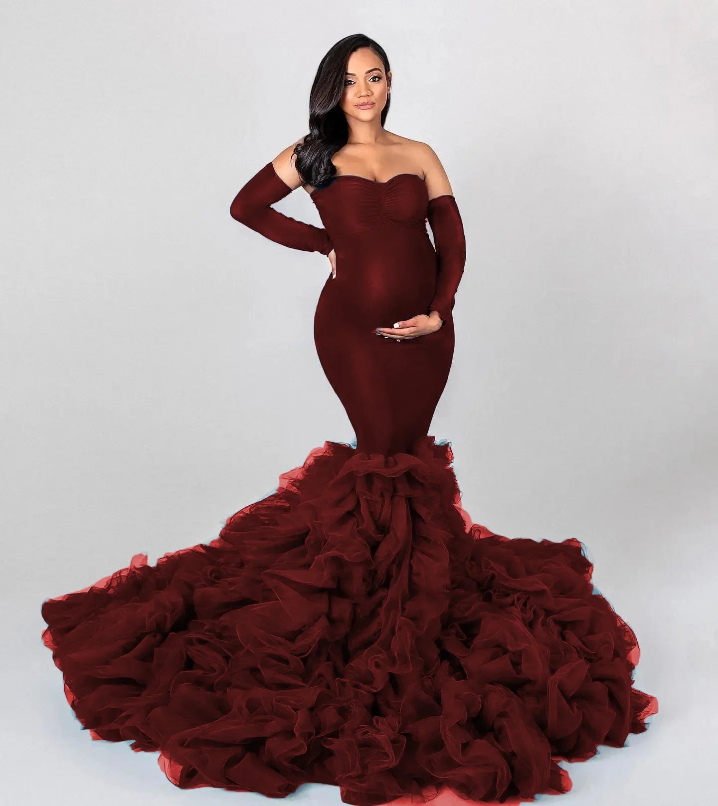 Chic Mermaid Maternity Robe – Off-Shoulder Sweetheart Photo Shoot Gown