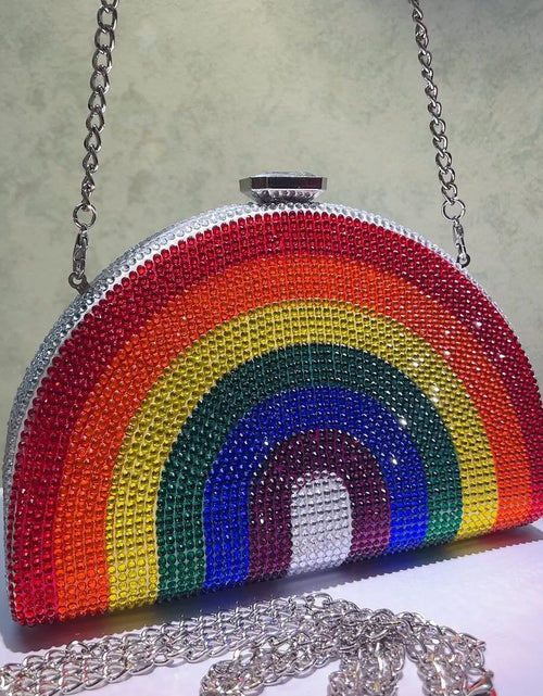 Load image into Gallery viewer, Rainbow Crystal Half-Moon Clutch – Luxury Rhinestone Evening Bag for Weddings &amp; Parties
