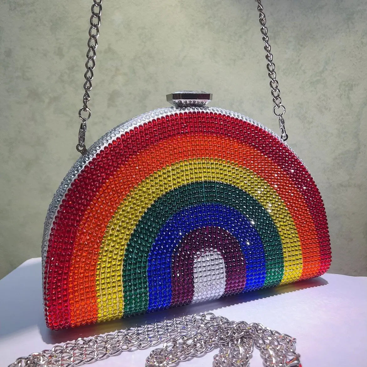 Rainbow Crystal Half-Moon Clutch – Luxury Rhinestone Evening Bag for Weddings & Parties