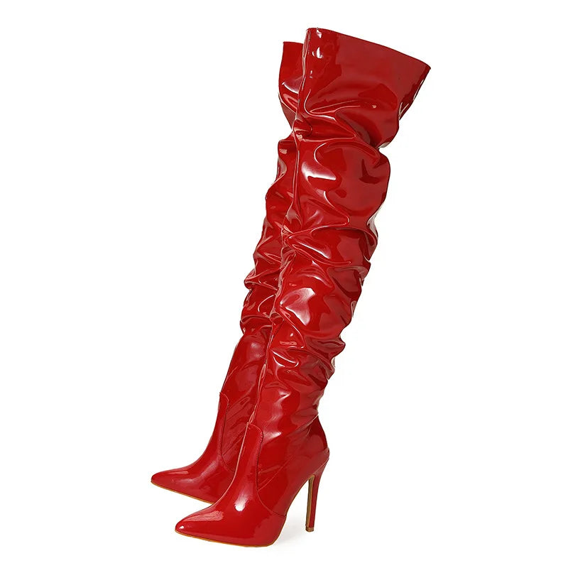 Command Attention: High-Heeled Patent Leather Thigh-High Boots