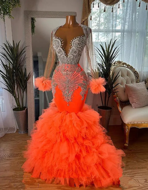 Load image into Gallery viewer, Fiery Elegance: Orange African Mermaid Prom Dress with Sparkling Crystals
