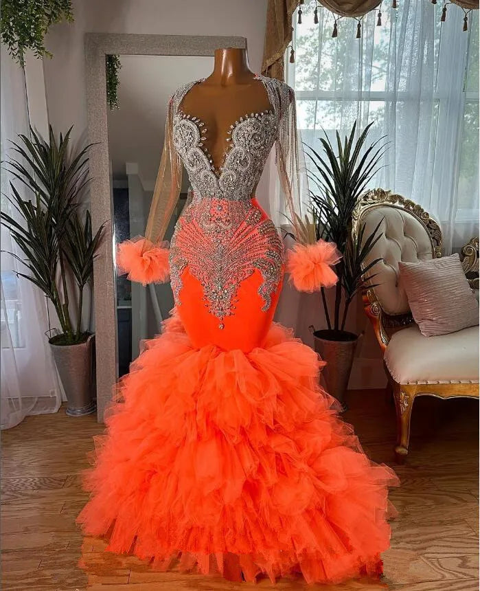 Fiery Elegance: Orange African Mermaid Prom Dress with Sparkling Crystals