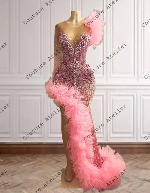 Load image into Gallery viewer, Elegant Allure: Pink Ruched Slit Dress with Rhinestone Mesh Sleeves
