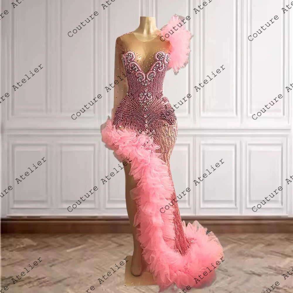 Elegant Allure: Pink Ruched Slit Dress with Rhinestone Mesh Sleeves