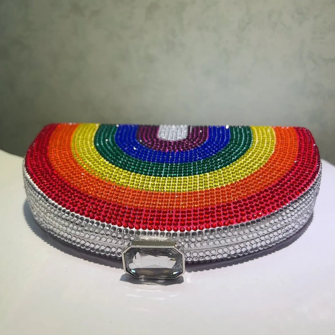 Rainbow Crystal Half-Moon Clutch – Luxury Rhinestone Evening Bag for Weddings & Parties