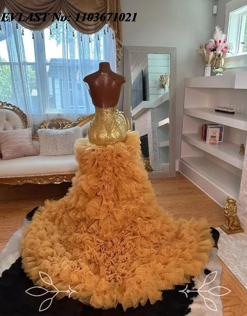 Load image into Gallery viewer, Gold Sparkle Mermaid Prom Dress – Beaded Ruffles Skirt Evening Gown
