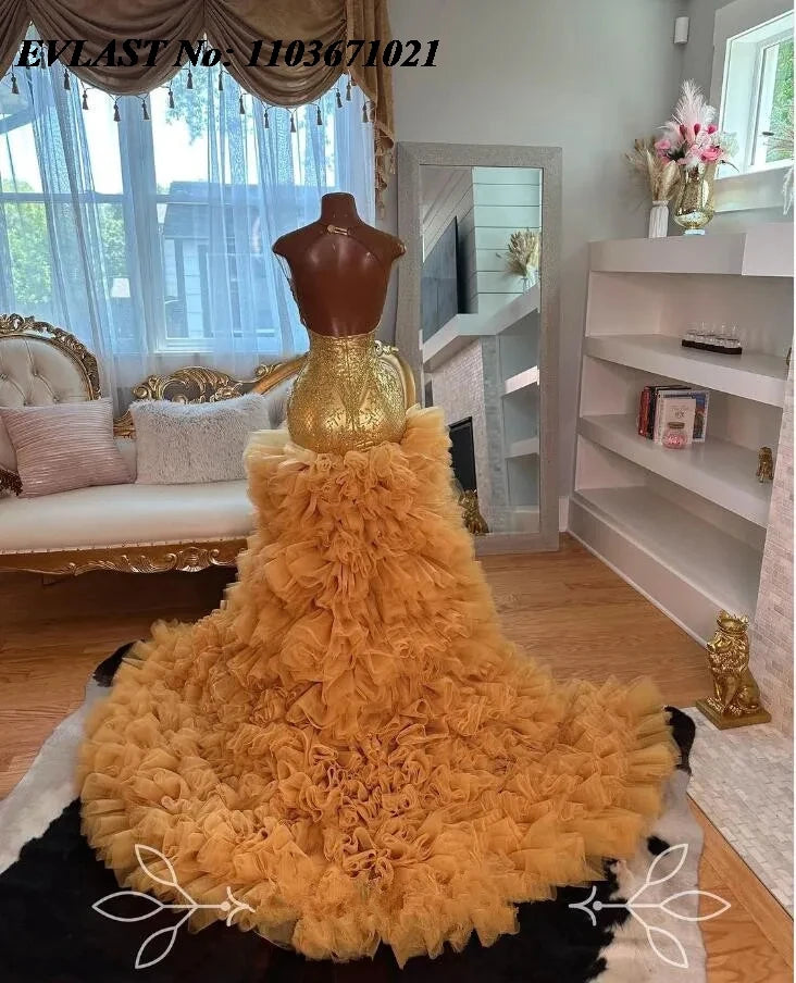 Gold Sparkle Mermaid Prom Dress – Beaded Ruffles Skirt Evening Gown