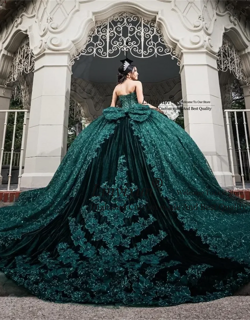 Load image into Gallery viewer, Emerald Enchantment: Luxury Green Lace Ball Gown with Bow and Beaded Appliques
