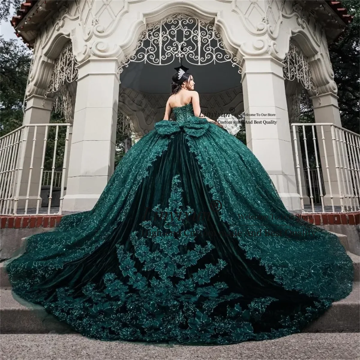 Emerald Enchantment: Luxury Green Lace Ball Gown with Bow and Beaded Appliques