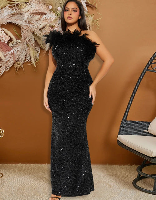 Load image into Gallery viewer, Dazzling Sequined Backless Maxi Dress with Feather &amp; Bead Detailing – Perfect for Birthday Party
