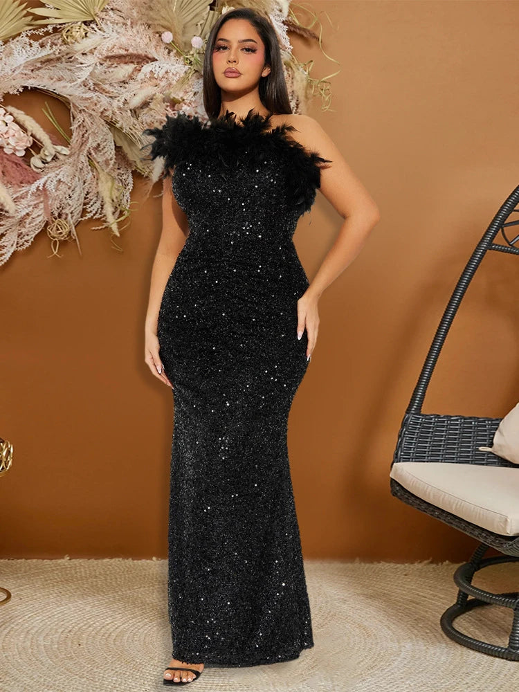 Dazzling Sequined Backless Maxi Dress with Feather & Bead Detailing – Perfect for Birthday Party