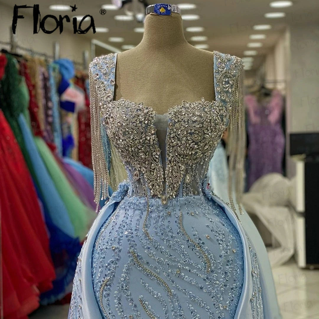 Floria Elegance: Light Blue Beaded Satin Prom Dress with Tassels & Detachable Train