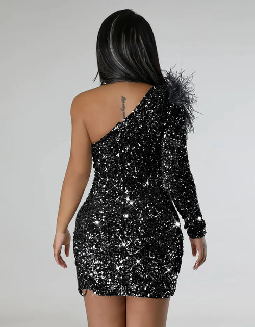 Load image into Gallery viewer, One-Shoulder Feather Sleeve Sequin Bodycon Midi Dress – Elegant Party &amp; Cocktail Dress for Women
