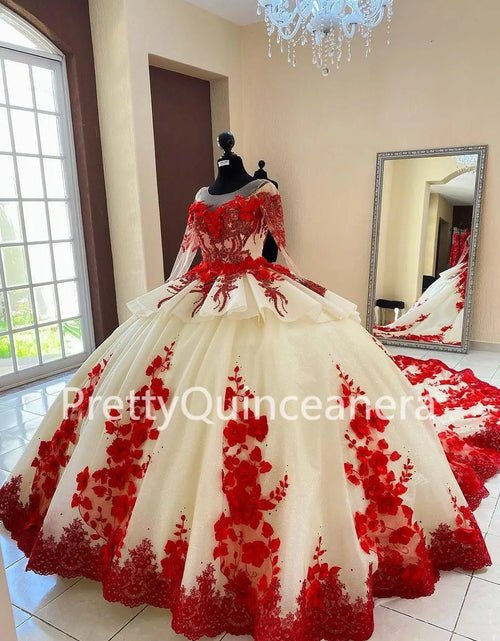 Load image into Gallery viewer, Regal Bloom: Champagne &amp; Red Tiered Quinceañera Ball Gown with 3D Flowers and Train
