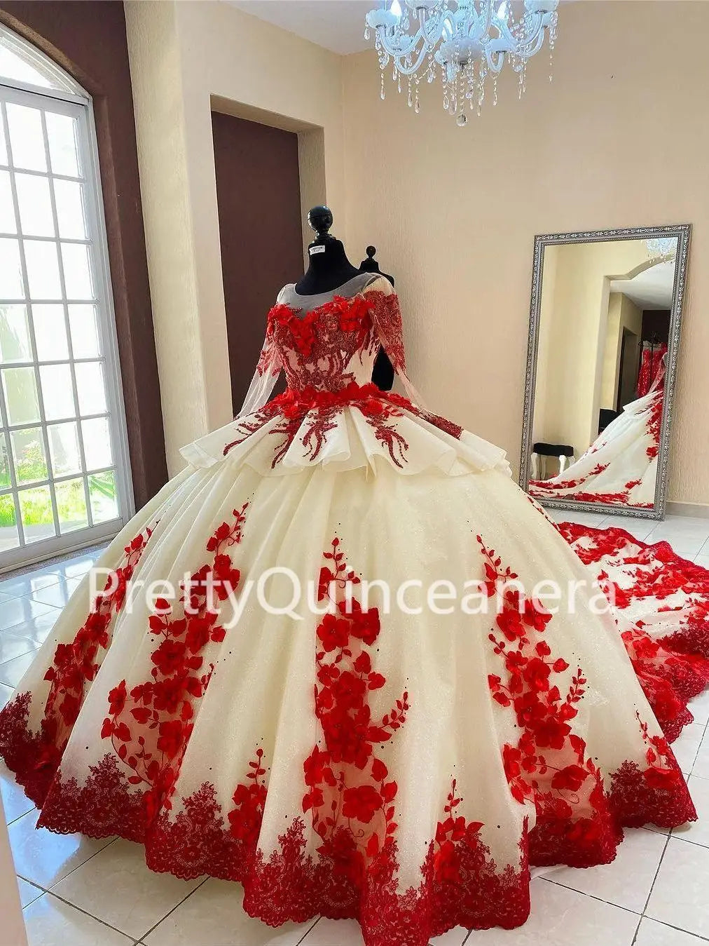 Regal Bloom: Champagne & Red Tiered Quinceañera Ball Gown with 3D Flowers and Train